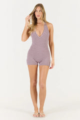 Striped Soft Girl Romper - Pink/Brown Stripe