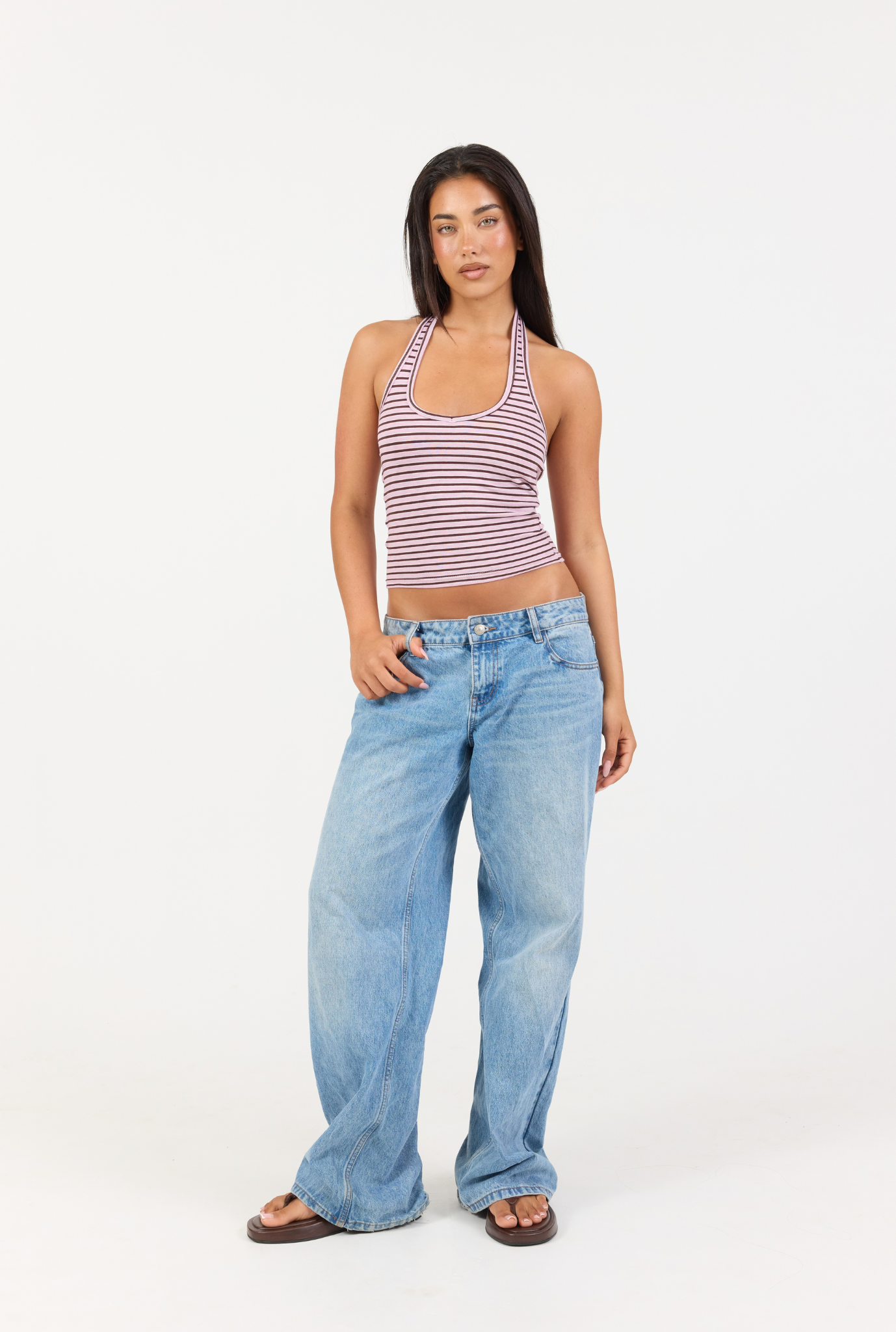 Striped Soft Girl Halter - Pink/Brown Stripe
