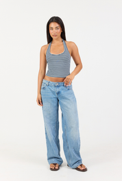 Striped Soft Girl Halter - Blue/Dark Navy