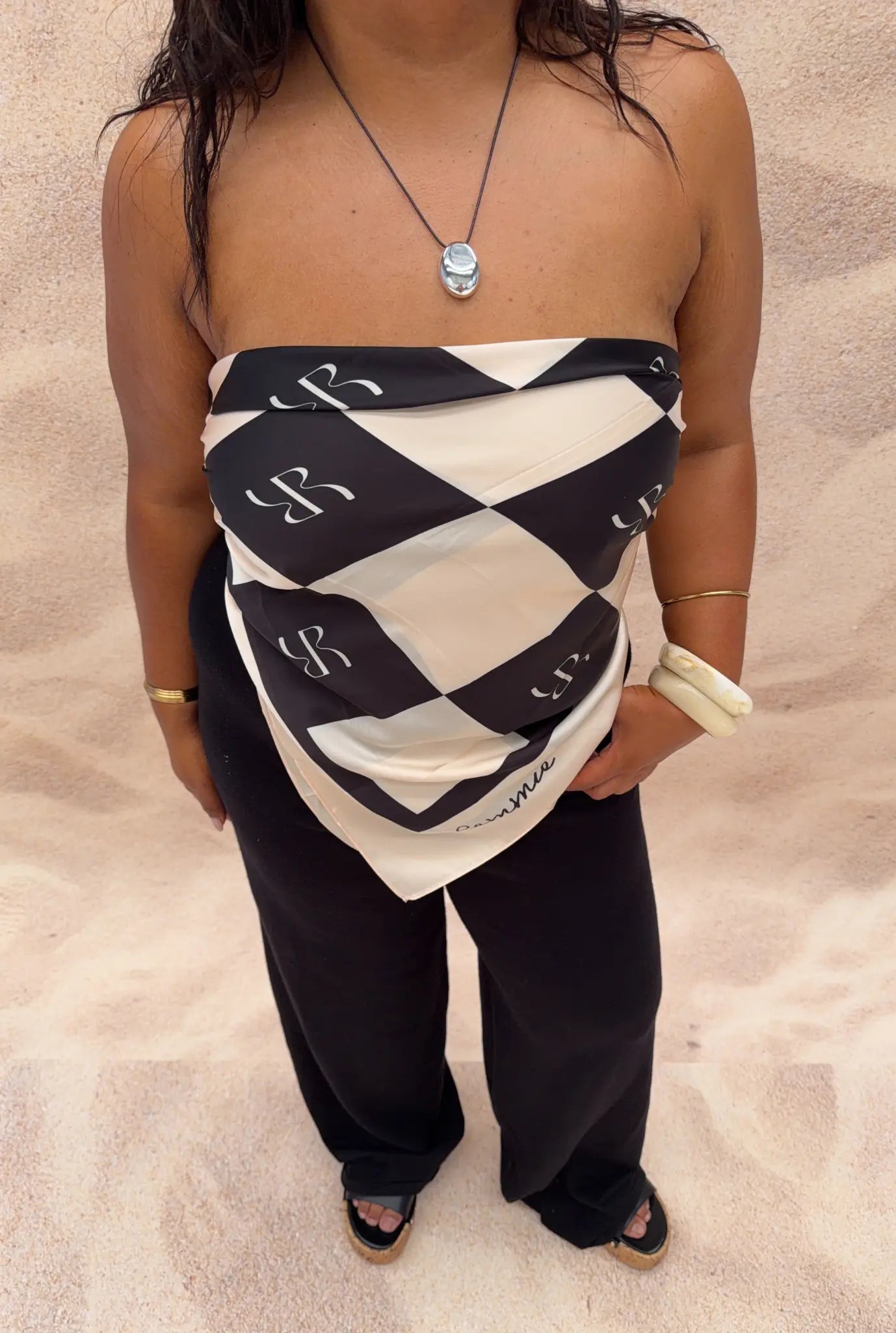 Satin Scarf - Black/Cream Check