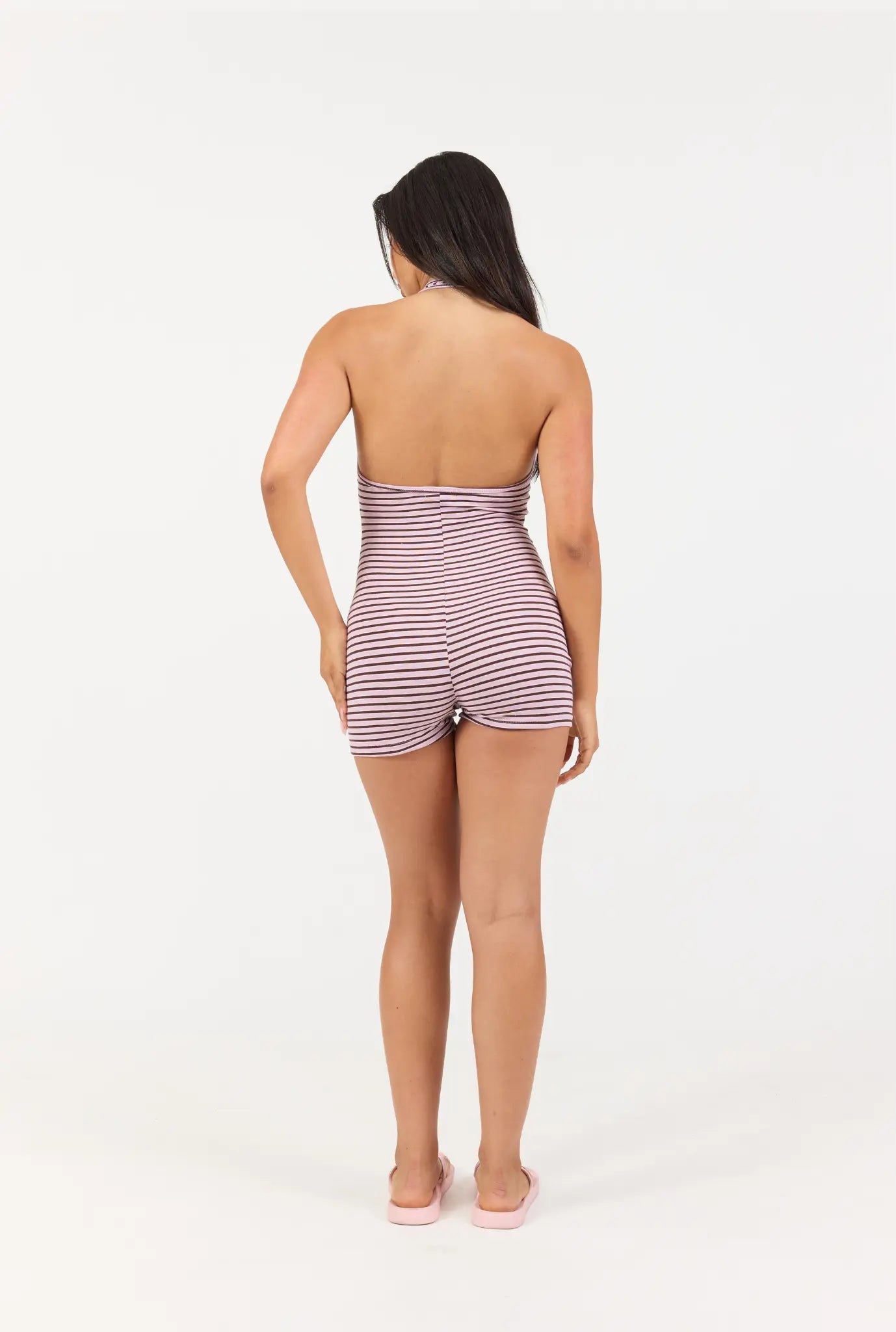 Striped Soft Girl Romper - Pink/Brown Stripe