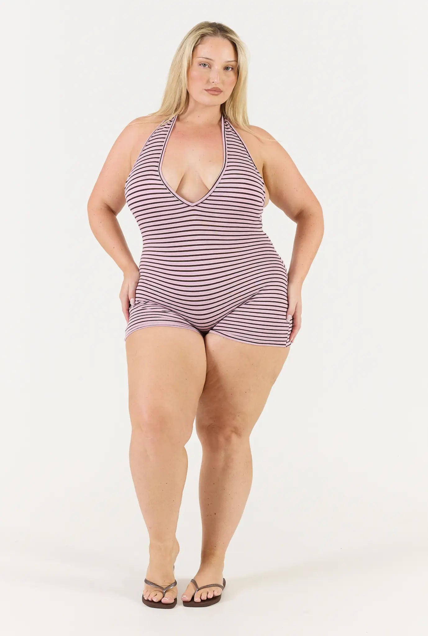 Striped Soft Girl Romper - Pink/Brown Stripe