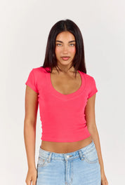 V-neck T-Shirt - Coral Red