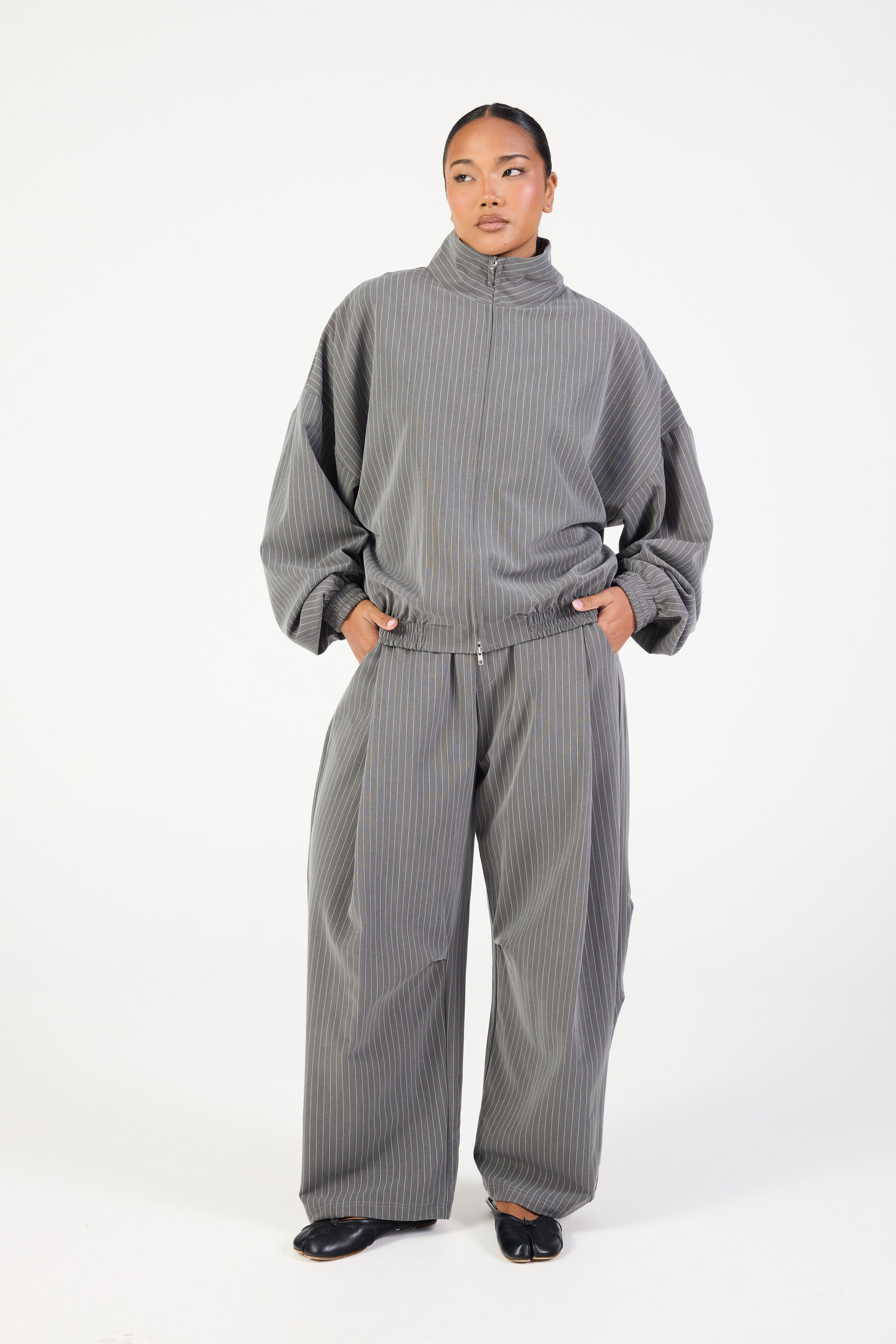 Double Zip Jacket - Slate Grey Stripe – Remmie By Riley Double Zip Jacket - Slate Grey Stripe – Remmie By Riley